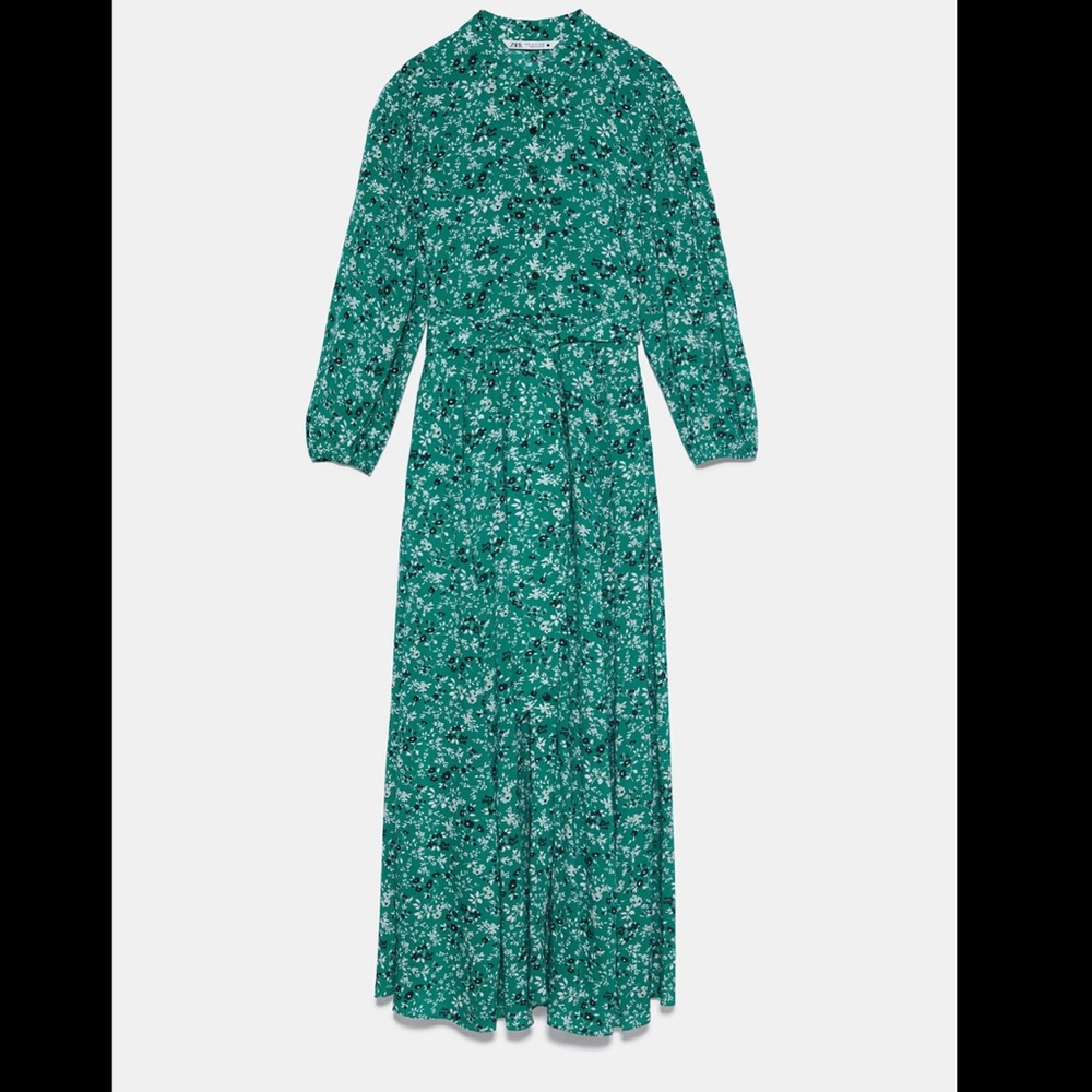 Zara green floral print Felicia shirt dress belted